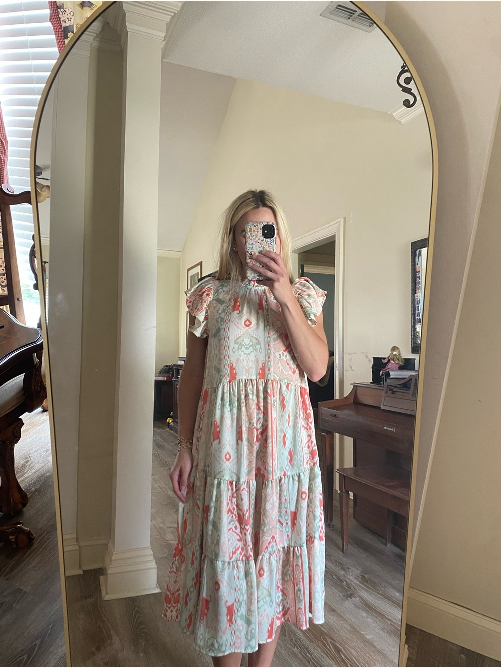 Pinch Coral and Mint Tiered Flutter-Sleeve Midi Dress